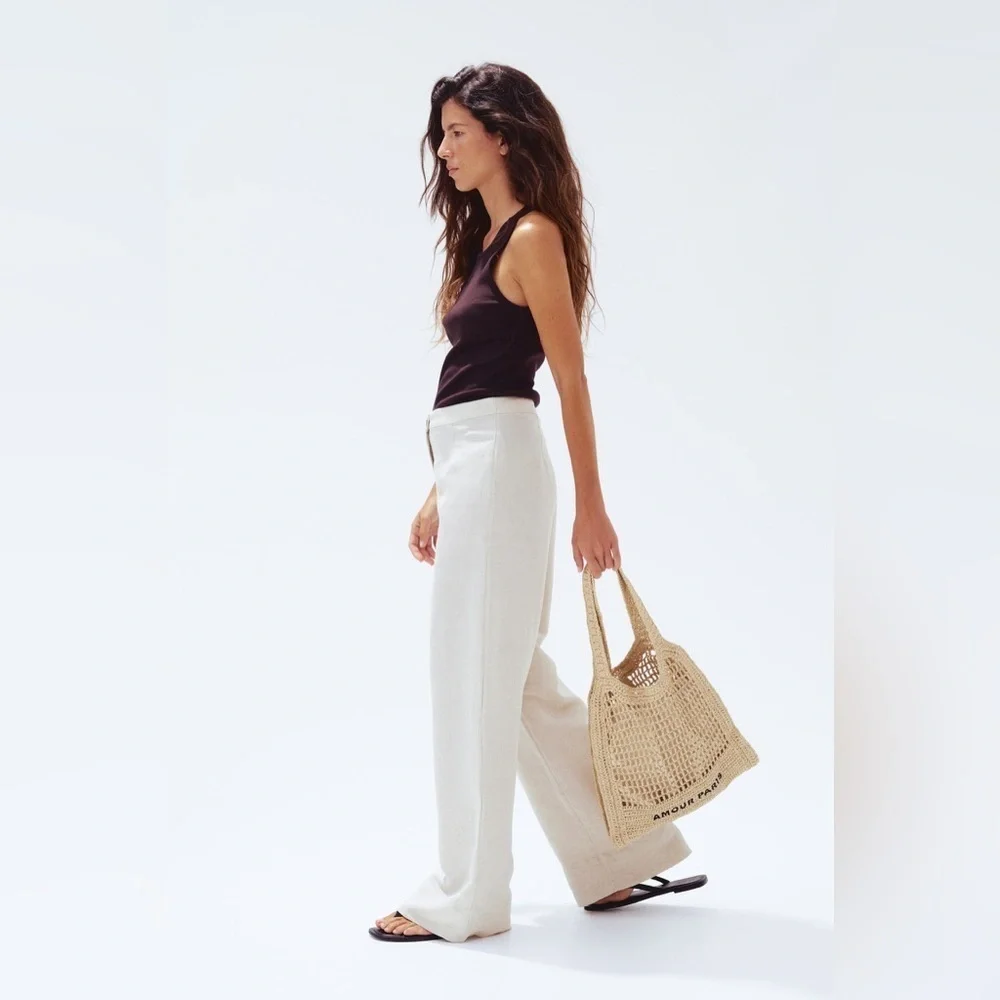 H&M Linen Blend Wide Leg Pants High Waisted Neutral Cream Tan sz 2